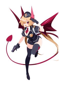 1girl badge black_gloves black_shoes blonde_hair breasts cleavage demon_girl demon_horns demon_tail demon_wings disgaea disgaea_rpg fang gloves gun hair_over_one_eye handgun harada_takehito hat holding holding_gun holding_weapon horns large_breasts long_hair long_tail lucy_(disgaea) miniskirt necktie non-web_source official_art open_mouth pencil_skirt photoshop_(medium) pointy_ears red_eyes red_horns red_necktie red_wings revolver salute shoes short_necktie short_sleeves skirt tail thighhighs transparent_background twintails very_long_hair weapon wings