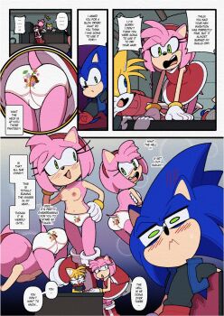 1girl 2boys amy_rose ass ass_focus blue_fur blue_hair blush boots breasts child covering_privates dress eufdreamer fox gloves green_hair hedgehog highres imagining jacket medium_hair multiple_boys nipples panties panty_focus petite pink_fur pink_hair print_panties sega shirt shota small_breasts sonic_(series) sonic_the_hedgehog spiked_hair sweatdrop tail tails_(sonic) topless_female underwear yelloe_hair yellow_fur