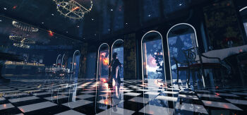 Rule 34 | 1girl, 3d, absurdres, arms at sides, black dress, black hair, ceiling, ceiling light, chair, chandelier, chinese commentary, cloud, commentary request, cup, curly hair, detached sleeves, dress, drinking glass, evening gown, facing away, from behind, gears, highres, holding, holding staff, lifeline (a384079959), long hair, long sleeves, mage staff, mural, original, scenery, sleeveless, sleeveless dress, solo, staff, standing, table, tablecloth, thigh strap, tile floor, tiles, watermark, wide shot, window, wine glass