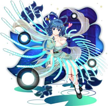 Rule 34 | 1girl, aqua dress, black shoes, blue eyes, blue hair, breasts, chisel, cleavage, closed mouth, dress, drill hair, drill sidelocks, full body, game cg, hair ornament, hair rings, hair stick, hand on own chest, highres, kaku seiga, kaku seiga (desires), large breasts, looking at viewer, official art, rotte (1109), shawl, shoes, short hair, short sleeves, sidelocks, smile, socks, solo, ten desires, third-party source, touhou, touhou lostword, white background, white socks