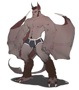 1boy abs animal_ears animal_feet bara bat_boy bat_ears bat_tail black_male_underwear blue_male_underwear body_fur boxer_briefs boxers briefs brown_fur bulge claws commentary ear_piercing english_commentary facial_hair fangs fangs_out full_body furry furry_male grey_fur highres large_hands large_pectorals leg_hair long_sideburns looking_to_the_side male_focus male_underwear mature_male muscular muscular_male navel navel_hair nipples original pectorals piercing red_eyes sharp_toenails short_hair sideburns solo standing stomach strongman_waist tail thick_eyebrows thick_thighs thighs toenails topless_male tusks underwear underwear_only white_background wincalblanke wings