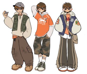 1boy :3 arm_behind_head arm_up bag_charm baseball_cap black_eyes black_pants blush brown_hair brown_pants camouflage camouflage_shorts character_charm charm_(object) closed_mouth collared_shirt dark-skinned_male dark_skin double-parted_bangs green_shoes green_vest grey_hat hair_between_eyes hand_in_pocket hat headphones highres hood hood_down hoodie jacket jash_(omori) kaiami kel_(birthday)_(omori) kel_(faraway)_(omori) kel_(headspace)_(omori) kel_(omori) letterman_jacket long_sleeves looking_at_viewer low_ponytail male_focus omori one_eye_closed open_mouth orange_hoodie orange_joe_(omori) orange_shirt pants ponytail shirt shirt_under_hoodie shoes short_hair short_ponytail shorts simple_background smile sneakers socks solo sweatpants unzipped vest white_background white_hoodie white_shoes white_socks zipper zipper_pull_tab