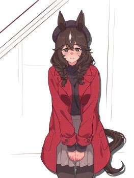 1girl animal_ears black_shirt blush braid bright_pupils brown_eyes brown_hair closed_mouth coat commentary_request crossed_bangs curren_bouquetd&#039;or_(umamusume) grey_skirt highres horse_ears horse_girl horse_tail long_hair long_sleeves looking_at_viewer low_twin_braids pleated_skirt red_coat shirt skirt smile solo tail twin_braids umamusume wa_(wamizest7) white_streaks