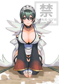 Rule 34 | 1girl, apron, black hair, black thighhighs, blue eyes, blush, breasts, choker, cleavage, flipped hair, frilled leotard, frills, hair ornament, huge breasts, iroha (samurai spirits), japanese clothes, lace-trimmed apron, lace trim, large breasts, leotard, looking at viewer, maid, maid headdress, maid leotard, rosie rosie, samurai spirits, short hair, smile, snk, solo, thighhighs, thighs, unconventional maid, watermark