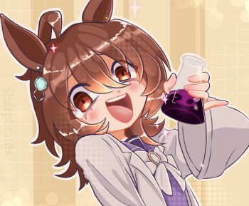 1girl agnes_tachyon_(umamusume) ahoge animal_ears beaker blush bow bowtie brown_hair chemical_structure chemicals earrings hair_between_eyes highres holding_beaker horse_ears horse_girl huge_ahoge jewelry lab_coat long_sleeves looking_at_viewer medium_hair open_mouth purple_sailor_collar purple_serafuku purple_shirt red_eyes sailor_collar sailor_shirt school_uniform serafuku sharpbraids shirt single_earring sleeves_past_wrists smile solo star_(symbol) teeth textless_version tracen_school_uniform umamusume upper_body upper_teeth_only white_bow white_bowtie