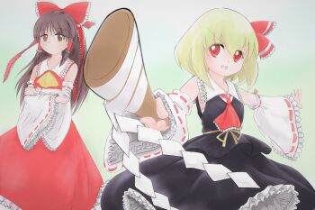 Rule 34 | 2girls, 4183rumia, absurdres, ascot, bare shoulders, black dress, blonde hair, bow, brown eyes, brown hair, chest sarashi, closed mouth, collar, cosplay, crossed arms, detached sleeves, dot mouth, dress, feet out of frame, frilled collar, frilled dress, frilled sleeves, frills, gohei, green background, hair bow, hair ribbon, hair tubes, hakurei reimu, hakurei reimu (cosplay), highres, holding, holding gohei, japanese clothes, long hair, miko, multiple girls, nontraditional miko, outstretched arms, red ascot, red bow, red eyes, red ribbon, red skirt, ribbon, rumia, sarashi, short hair, sidelocks, skirt, spread arms, touhou, waist ribbon, white sleeves, wide sleeves, yellow ascot