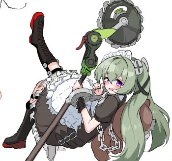 Rule 34 | 1girl, animal bag, apron, bear bag, black dress, bone hiko, boots, chain, circular saw, corin wickes, cuffs, dress, green hair, hair between eyes, holding, holding weapon, knee boots, long hair, looking at viewer, maid, maid apron, maid headdress, puffy short sleeves, puffy sleeves, purple eyes, saw, screw hair ornament, short sleeves, simple background, solo, twintails, weapon, white background, zenless zone zero