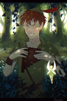 1boy black_footwear blonde_hair boots brown_hair bug dress fairy feathers flute fly fly_agaric green_dress green_hat green_shirt green_tunic hat hat_feather highres inker_bell_(novel_character) insect instrument leaf mushroom pan_flute peter_pan_(novel) pointy_ears red_feathers shirt short_hair size_difference tinker_bell_(disney) toon_(style) tunic walt_disney&#039;s_peter_pan watermark yellow_eyes