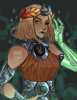 1girl ancient_greek_clothes black_sclera blonde_hair bone breasts colored_sclera dress glowing_arm greco-roman_clothes green_eyes green_lips hades_(series) hades_2 heterochromia laurel_crown looking_at_viewer melinoe_(hades) mismatched_sclera orange_dress red_eyes see-through_body skeletal_arm small_breasts solo vinnie_cha