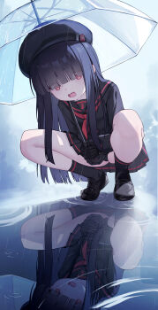 1girl absurdres beret black_choker black_gloves black_hair black_hat black_panties black_sailor_collar black_serafuku black_shirt black_shoes black_skirt black_socks blue_archive blunt_bangs blunt_ends blush choker commentary_request covered_eyes gloves halo hat highres holding holding_umbrella justice_task_force_member_(blue_archive) lishu_(2013547716) loafers long_bangs long_hair long_sleeves looking_at_viewer miniskirt neckerchief open_mouth panties rain red_halo red_neckerchief reflection reflective_liquid sailor_collar school_uniform serafuku shirt shoes skirt socks solo squatting thighs transparent transparent_umbrella umbrella underwear