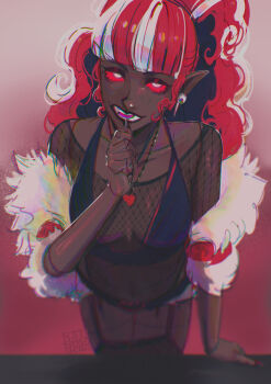 1girl blackberreh-art bra breasts cleavage dark-skinned_female dark_skin demon_girl fang fishnet_top fishnets hazbin_hotel hellaverse highres looking_at_viewer multicolored_hair pointy_ears red_hair smile solo thighhighs two-tone_hair underwear velvette_(hazbin_hotel) very_dark_skin white_hair