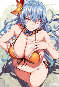 1girl belko bikini blue_hair breasts cleavage dated flower from_above hair_between_eyes hair_flower hair_ornament hand_on_own_hip highres large_breasts long_hair looking_at_viewer orange_bikini orange_flower pink_eyes revision rocbouquet_(saga) romancing_saga_2 saga side-tie_bikini_bottom solo standing swimsuit thighs twitter_username
