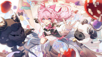 1girl :d ahoge arm_up arm_warmers bag bell black_arm_warmers black_bag black_bow black_dress black_shoes black_socks blush bow bowtie cardboard_cutout castle cloudy_(wuthering_waves) commentary confetti copyright_name cosmos_(wuthering_waves) cross-shaped_pupils dress earrings encore_(wuthering_waves) english_commentary eyelashes floating_hair gold_trim hair_between_eyes hair_bobbles hair_bow hair_intakes hair_ornament hair_ribbon hairclip highres jewelry leg_up light_particles long_hair looking_at_viewer low_twintails may mismatched_arm_warmers motion_blur mushroom o-ring official_art official_wallpaper open_mouth outstretched_arm pink_bow pink_bowtie pink_hair pink_pupils pink_ribbon pink_skirt pleated_skirt purple_eyes ribbon shoes short_sleeves sidelocks skirt smile socks solo streamers stuffed_animal stuffed_sheep stuffed_toy symbol-shaped_pupils teeth thick_eyebrows twintails two-tone_dress upper_teeth_only white_arm_warmers white_bow white_dress wuthering_waves