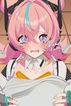 1girl aqua_hair aqua_streaks aria_(human)_(zenless_zone_zero) aria_(zenless_zone_zero) blue_eyes blush collarbone commentary_request crossed_bangs detached_collar fingerless_gloves game_screenshot_inset gloves hair_between_eyes highres holding holding_paper looking_at_viewer multicolored_hair open_mouth paper pink_gloves pink_hair quad_tails reference_inset screenshot_inset simple_background sparkling_eyes streaked_hair twitter_username white_background zenless_zone_zero zunda_kaku
