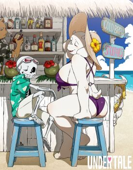 1girl 3boys alcohol animal_ears asgore_dreemurr ass bar_(place) barefoot beach beard bikini black_eyes blonde_hair blue_sky bone bottle breasts burgerpants chair cigarette claws cleavage cloud cloudy_sky coconut copyright_name crying day english_text eyebrows facial_hair fang flower furry furry_female glasses glasses_on_head goat goat_boy goat_ears goat_horns goat_tail hair_flower hair_ornament hat hawaiian_shirt highres horns kamezaemon large_breasts leaf long_ears looking_at_another mature_female multiple_boys ocean one_eye_closed outdoors purple_bikini queen red_flower rocket_launcher rpg_(weapon) sad sans_(undertale) shelf shirt shorts sideboob sitting size_difference skeleton sky smile smoking straw straw_hat sun_hat swimsuit tail teeth toes toriel underboob undertale utdr_(toby_fox) water weapon white_eyes white_horns yellow_flower