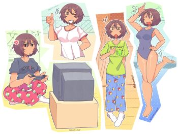 !? absurdres anger_vein angry angry_birds azumanga_daiou bad_piggies_(angry_birds) black_eyes blue_bird_(angry_birds) breasts brown_eyes brown_hair bush chain-link_fence chuck_(angry_birds) collarbone controller covered_navel crt dilated_pupils fang fence game_controller gir_(invader_zim) green_shirt grey_shirt grin gym_uniform hair_between_eyes happy highres holding holding_controller holding_game_controller invader_zim kagura_(azumanga_daioh) large_breasts multiple_views nokojuice one_eye_closed open_mouth pajamas pointing pointing_at_self pointing_up pool raised_eyebrow raised_eyebrows red_(angry_birds) school_swimsuit school_uniform shirt short_hair skin_fang smile socks staring swimsuit t-shirt tan television thighs thumbs_up twitter_username v-neck v-shaped_eyebrows white_socks