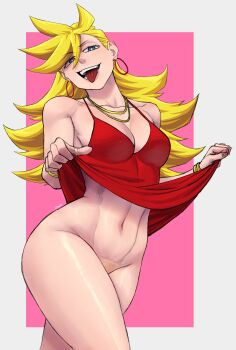 Rule 34 | 1girl, absurdres, blonde hair, blonde pubic hair, blue eyes, border, earrings, female focus, female pubic hair, highres, hoop earrings, jewelry, lifting own clothes, limn044, long hair, necklace, no panties, open mouth, panty &amp; stocking with garterbelt, panty (psg), pubic hair, shiny skin, simple background, thighs, tongue, tongue out, white border