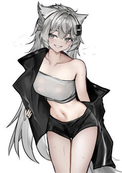 1girl absurdres animal_ears arknights black_jacket black_shorts breasts collarbone commentary grey_eyes hair_ornament hairclip highres jacket lappland_(arknights) long_hair medium_breasts midriff parallel_hairclips scar scar_across_eye scar_on_face shorts simple_background solo sweat tail wawamachi white_background wolf_ears wolf_girl wolf_tail