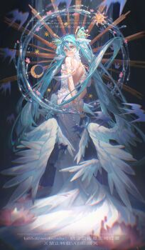 1girl absurdres aqua_eyes aqua_hair back backless_dress backless_outfit bare_back bare_shoulders bird blue_eyes chromatic_aberration commentary_request dress english_text feathered_wings flower from_behind full_body hair_between_eyes hair_ornament hatsune_miku highres jiuye_mubiao_shi_mai_kao_hongshu long_hair looking_at_viewer looking_back pink_flower sensitive solo star_(symbol) tarot twintails very_long_hair vocaloid white_dress wings