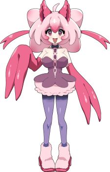 1girl animal_ears arm_at_side bare_shoulders black_choker boots breasts choker cleavage collarbone dot_nose double-parted_bangs dress fewer_digits fur_boots hand_up happy highres large_breasts monster_girl monster_hands nashirasauce open_mouth original pantyhose pink_boots pink_eyes pink_hair pumpkin_skirt purple_dress purple_pantyhose simple_background smile solo straight-on strapless strapless_dress symmetry tachi-e transparent_background