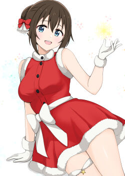1girl :d absurdres alternate_costume blue_eyes bow braid breasts bun_with_braided_base commentary_request dress fur-trimmed_dress fur-trimmed_gloves fur_trim gloves hair_bow hair_bun highres kurono_(pixiv1905129) looking_at_viewer love_live! love_live!_nijigasaki_high_school_idol_club medium_breasts open_mouth osaka_shizuku red_bow red_dress santa_costume santa_dress short_hair sidelocks single_hair_bun sleeveless sleeveless_dress smile solo teeth upper_teeth_only white_background white_gloves