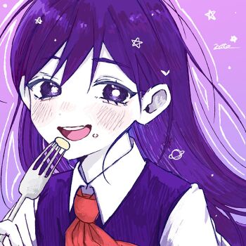1girl blush bright_pupils collared_shirt colored_skin crumbs double-parted_bangs fork holding holding_fork long_hair looking_at_viewer mari_(headspace)_(omori) mari_(omori) nata_kadu neckerchief omori open_mouth purple_eyes purple_hair purple_sweater_vest red_neckerchief shirt smile solo sweater_vest teeth tongue upper_body upper_teeth_only white_pupils white_shirt white_skin