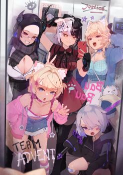 5girls absurdres animal_ears asymmetrical_horns black_hair black_jacket black_scarf black_skirt blonde_hair blue_camisole blue_choker blue_eyes blue_hair blue_jacket blue_skirt braid breasts camisole cellphone choker claw_pose cleavage closed_mouth collared_shirt colored_inner_hair commentary curly_hair dog_ears dog_girl dog_tail dress english_commentary frilled_camisole frilled_dress frills fuwawa_abyssgard fuwawa_abyssgard_(casual) glasses grey_hair greyscale grin hair_ornament hair_over_one_eye hairclip half_up_braid high-waist_skirt highres holding holding_phone holding_sword holding_weapon holoadvent hololive hololive_english horns jacket katana koseki_bijou koseki_bijou_(casual) large_breasts long_hair mirror_selfie mococo_abyssgard mococo_abyssgard_(casual) monochrome multicolored_hair multiple_girls namiorii nerissa_ravencroft nerissa_ravencroft_(casual) office_lady official_alternate_costume official_alternate_hairstyle open_mouth over_shoulder phone pink_eyes pink_hair pink_jacket plaid_camisole ponytail purple_eyes purple_hair red_dress scarf selfie shiori_novella shiori_novella_(casual) shirt short_hair side_braids skirt smartphone smile split-color_hair streaked_hair swept_bangs sword sword_over_shoulder tail thighhighs two_side_up uneven_horns v v_over_eye virtual_youtuber weapon weapon_over_shoulder white_camisole white_shirt white_skirt white_thighhighs x_hair_ornament yellow_eyes