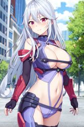 Rule 34 | 1girl, ai-generated, asphalt, bare hips, blue sky, breasts, chidorigafuchi aine, city, cityscape, cleavage, cloud, gauntlet style gloves, gauntlets, gloves, large breasts, leotard, long hair, masou gakuen hxh, navel, red eyes, sky, tree, white hair