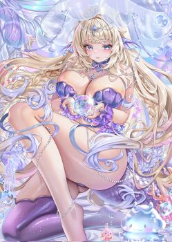 1girl blonde_hair blue_eyes braid breasts bubble cleavage colored_tips commission coral corrupted_twitter_file fins fish_tail head_fins highres indie_virtual_youtuber jewelry krashena large_breasts long_hair multicolored_hair necklace pearl_necklace purple_hair purple_thighhighs single_thighhigh tail thighhighs virtual_youtuber yuriki_(vtuber)