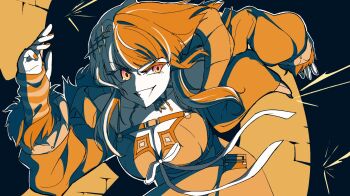 1girl arm_strap black_arm_warmers black_choker black_dress black_hair black_nails breasts chest_belt choker cleavage coat dress fur-trimmed_coat fur_trim gloves grey_hair hair_ornament highres hololive hololive_english jewelry lace lace-trimmed_choker lace_choker lace_trim large_breasts long_hair looking_at_viewer lupin_iii magho multicolored_hair shiori_novella shiori_novella_(1st_costume) smile solo split-color_hair striped_arm_warmers striped_clothes striped_gloves two-tone_hair virtual_youtuber yellow_eyes