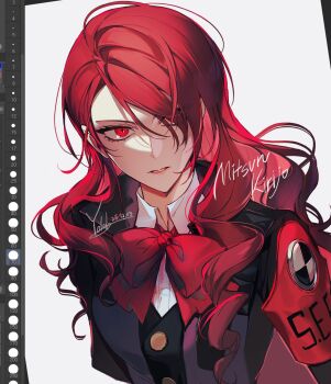 Rule 34 | 1girl, armband, art program in frame, black jacket, bow, bowtie, character name, dated, hair over one eye, highres, jacket, kirijou mitsuru, long hair, looking at viewer, parted lips, persona, persona 3, persona 3 reload, red armband, red bow, red bowtie, red eyes, red hair, s.e.e.s, signature, simple background, solo, wavy hair, white background, wing collar, yoteh