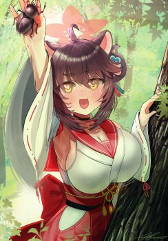 1girl absurdres animal_ears arm_up armpits beetle black_hair blue_archive breasts bug day detached_sleeves fang forest hair_between_eyes hair_bun halo highres holding_bug huge_breasts insect kaede_(blue_archive) looking_at_viewer nature open_mouth oppai_loli outdoors raccoon_ears raccoon_girl red_halo red_sailor_collar ribbon-trimmed_sleeves ribbon_trim sailor_collar single_side_bun skin_fang smile solharuu solo tree yellow_eyes