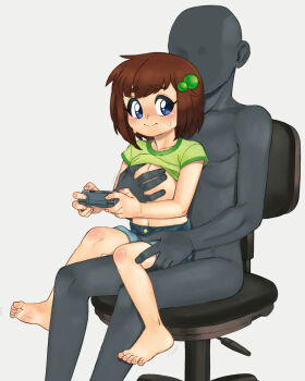 1boy 1girl age_difference barefoot blue_eyes blue_shorts blush brown_hair chair closed_mouth clothes_lift collarbone controller denim denim_shorts faceless faceless_male feet freckles game_controller grabbing_another's_breast green_shirt groping hand_on_another's_chest hand_on_another's_thigh hetero highres holding holding_controller indie_virtual_youtuber jeans lily_hopkins loli looking_at_another looking_back nose office_chair pants shiny_skin shirt shirt_lift shorts simple_background sitting sitting_on_person smile soles sweat sweatdrop swivel_chair toenails toes virtual_youtuber white_background yokappa_(jokappa)