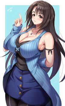 1girl alternate_breast_size_(larger) arm_warmers black_hair blue_arm_warmers breasts brown_eyes cleavage collarbone commission dated final_fantasy final_fantasy_viii highres huge_breasts index_finger_raised jewelry long_hair looking_at_viewer necklace rinoa_heartilly skeb_commission skirt sleeveless_duster smile solo yoohi
