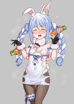 1girl absurdres animal_ears black_gloves black_leotard black_pantyhose blue_hair blush braid breasts closed_eyes clothing_cutout condom_belt cutout_above_navel don-chan_(usada_pekora) dress fur-trimmed_gloves fur_trim gloves gozaru highres hololive leotard long_hair multicolored_hair open_mouth pantyhose rabbit_ears rabbit_girl rabbit_tail red_eyes small_breasts smile solo strapless strapless_leotard tail tongue tongue_out twin_braids two-tone_hair usada_pekora usada_pekora_(1st_costume) virtual_youtuber white_dress white_hair