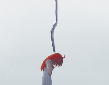 Rule 34 | 1girl, absurdres, avogado6, commentary request, dress, fork, highres, long hair, mini person, minigirl, original, own hands together, red hair, simple background, sleeveless, sleeveless dress, solo, standing, upper body, white dress