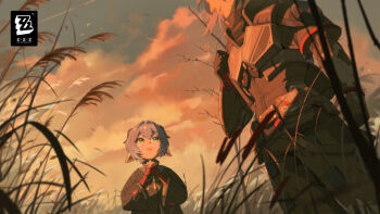 1boy 1girl absurdres aged_down blue_hair dutch_angle father_and_daughter game_cg goat_girl goat_horns grass highres horns long_hair long_sleeves lucia_elowen official_art outdoors own_hands_clasped own_hands_together pointy_ears susuki_grass tall_grass tears twilight zenless_zone_zero