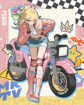 1girl 2025 20s belt belt_buckle blonde_hair blue_eyes blue_shorts boots bow brown_belt brown_gloves buckle character_name closed_mouth commentary crop_top crown daniel_deng denim denim_shorts drop_shadow earrings english_commentary eyelashes finger_to_cheek fingerless_gloves fire full_body gloves grey_socks hair_between_eyes hair_bow hand_on_own_hip happy jacket jewelry knee_pads kneehighs leaning_forward long_hair long_sleeves looking_at_viewer mario_(series) mario_kart mario_kart_world midriff motor_vehicle motorcycle navel nintendo official_alternate_costume open_clothes open_jacket pink_background pink_boots pink_bow pink_jacket ponytail princess_peach princess_peach_(touring) puffy_long_sleeves puffy_sleeves shell shirt shorts sign smile socks solo sphere_earrings standing tagme two-tone_background warning_sign white_shirt yellow_background