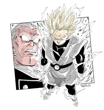 2boys artist_name black_bodysuit blonde_hair bodysuit boots colored_skin dragon_ball dragonball_z earrings electricity fenyon gloves highres jewelry kibito long_hair multiple_boys muscular muscular_male pectorals pink_skin potara_earrings smile son_gohan spiked_hair super_saiyan super_saiyan_2 sweatdrop