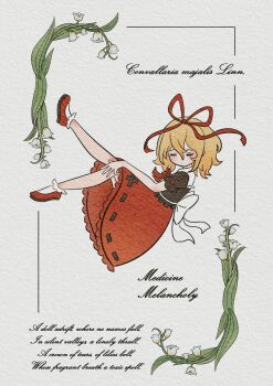 1girl bare_arms bare_legs black_shirt blush bobby_socks bow bowtie character_name closed_eyes commentary english_commentary flower frilled_shirt frills hair_between_eyes hair_ribbon lily_of_the_valley medicine_melancholy puffy_short_sleeves puffy_sleeves red_bow red_bowtie red_ribbon red_shoes red_skirt ribbon shirt shoes short_hair short_sleeves simple_background skirt so3 socks solo touhou white_background white_flower white_socks