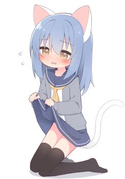 1girl @_@ absurdres animal_ears black_thighhighs blue_hair blue_sailor_collar blue_skirt blush brown_eyes cardigan cat_ears cat_tail clothes_lift commission fake_animal_ears fake_tail flying_sweatdrops grey_cardigan hair_between_eyes highres kneeling lifting_own_clothes loli long_hair long_sleeves looking_at_viewer miniskirt misaki_kurone_(irukamairuiru) neckerchief no_shoes nose_blush open_cardigan open_clothes open_mouth original panties pleated_skirt puffy_long_sleeves puffy_sleeves sailor_collar school_uniform second-party_source shirt simple_background skeb_commission skirt skirt_lift solo tail thighhighs underwear variant_set wavy_mouth white_background white_shirt yellow_neckerchief yuune_(ayanepuna)