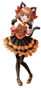 Rule 34 | 1girl, animal ears, animal hands, beatrice (princess principal), bell, black gloves, black hair, blush, bow, brown eyes, brown hair, cat ears, cat tail, collar, dress, female focus, frilled dress, frills, full body, gloves, hair bow, high heels, highres, long hair, neck bell, open mouth, orange shoes, pantyhose, paw gloves, princess principal, red bow, shoes, simple background, sleeveless, sleeveless dress, solo, standing, strapless, strapless dress, tail, taniguchi gou, white background