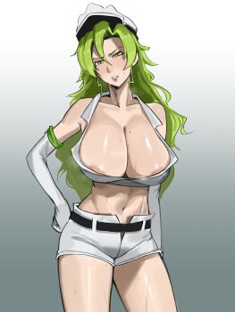 1girl alternate_breast_size_(larger) areola_slip bare_shoulders belt bleach bleach:_sennen_kessen-hen breasts candice_catnipp collarbone elbow_gloves female_focus gloves green_eyes green_hair hand_on_own_hip hat highres kartistry large_breasts long_hair looking_at_viewer midriff military_hat navel parted_lips quincy_(bleach) simple_background solo solo_focus standing sternritter stomach sweat sweatdrop thighs