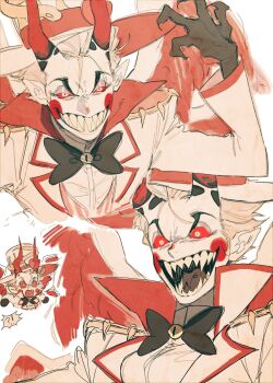1boy angel angel_wings blonde_hair commentary_request demon_boy demon_horns formal_clothes hair_slicked_back hashtag-only_commentary hazbin_hotel hellaverse highres horns lucifer_morningstar_(hazbin_hotel) male_focus mnnd sharp_teeth slit_pupils solo suit teeth wings
