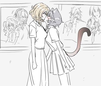 1boy 6+girls 9_(hcl9fg) aglaea_(honkai:_star_rail) animal_ears blonde_hair castorice_(honkai:_star_rail) cat_ears cat_girl cat_tail cerydra_(honkai:_star_rail) cipher_(honkai:_star_rail) closed_eyes facing_another grey_hair honkai:_star_rail honkai_(series) hyacine_(honkai:_star_rail) hysilens_(honkai:_star_rail) kiss long_skirt looking_at_another multiple_girls mydei_(honkai:_star_rail) partially_colored school_uniform shirt short_hair short_sleeves skirt standing tail yuri