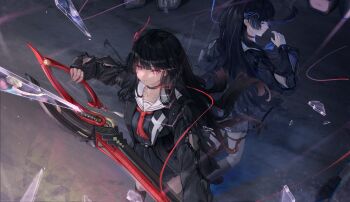 2girls absurdres arm_cutout black_choker black_hair black_jacket black_serafuku black_shirt black_skirt blue_eyes blue_ribbon chisa_(wuthering_waves) choker closed_mouth clothing_cutout commentary dark_persona dual_persona glass_shards hair_ribbon hand_up highres holding holding_sword holding_weapon jacket long_hair long_sleeves mienpp multiple_girls neckerchief red_eyes red_neckerchief red_ribbon ribbon sailor_collar school_uniform serafuku shirt skirt sword thighs weapon white_sailor_collar wuthering_waves