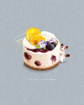 blueberry cake cat english_text flower food food_focus fruit grey_background hashtag-only_commentary highres mtbrtmg no_humans orange_(fruit) orange_slice original purple_flower syrup undersized_animal