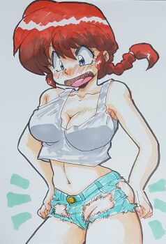 1girl adjusting_clothes ass bare_shoulders blue_eyes blue_shorts blush braid braided_ponytail breasts cleavage collarbone commentary constricted_pupils cowboy_shot crop_top cropped_shirt cutoffs denim denim_shorts embarrassed fang genderswap genderswap_(mtf) groin highres large_breasts long_hair looking_at_self looking_down marker_(medium) midriff navel no_bra no_panties nose_blush notice_lines open_mouth ranma-chan ranma_1/2 red_hair saotome_ranma shirt short_shorts shorts shouting simple_background single_braid skindentation sleeveless sleeveless_shirt solo sunshinek surprised tank_top torn_clothes torn_shorts traditional_media white_background white_tank_top