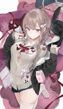 Rule 34 | 1girl, absurdres, black jacket, black skirt, book, bow, bowtie, breasts, brown hair, cellphone, closed mouth, collarbone, collared shirt, commentary request, cookie, drink carton, fingernails, food, gyaru, hair between eyes, hair ornament, hairclip, hands up, heart, heart hair ornament, highres, jacket, large breasts, long fingernails, long hair, long sleeves, looking ahead, milk carton, miniskirt, momochi tamalu, nail polish, notebook, open clothes, open jacket, original, parallel hairclips, partially unbuttoned, pastry box, phone, pillow, pink eyes, pink nails, pout, red bow, red bowtie, red ribbon, ribbon, shirt, sidelocks, simple background, skirt, sleeves past wrists, smartphone, solo, standing, strawberry milk, tearing up, thighhighs, thighs, two-sided fabric, two-sided jacket, valentine, white background, white shirt, white thighhighs