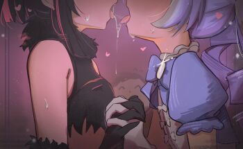 1boy 2girls absurdres after_kiss bare_shoulders black_gloves black_hair blue_archive blue_bow blue_bowtie bow bowtie doodle_sensei_(blue_archive) from_side gloves heart high_(hgih) highres holding_hands interlocked_fingers kazusa_(blue_archive) kazusa_(halloween)_(blue_archive) long_hair multiple_girls puffy_short_sleeves puffy_sleeves purple_hair reisa_(blue_archive) reisa_(magical)_(blue_archive) saliva saliva_trail sensei_(blue_archive) short_sleeves tongue tongue_out voyeurism watching white_gloves yuri